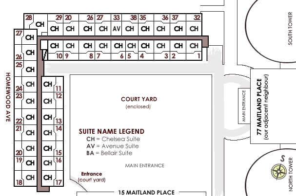 floor plan of suites at 60 homewood avenue, levels 3, 4 and 5